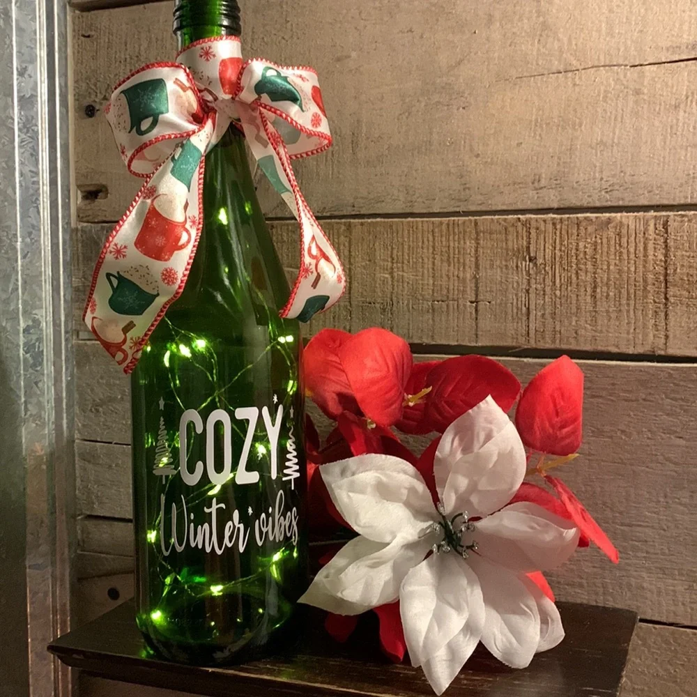 Hand Crafted- ‘Cozy Winter Vibes’ green wine bottle lantern
